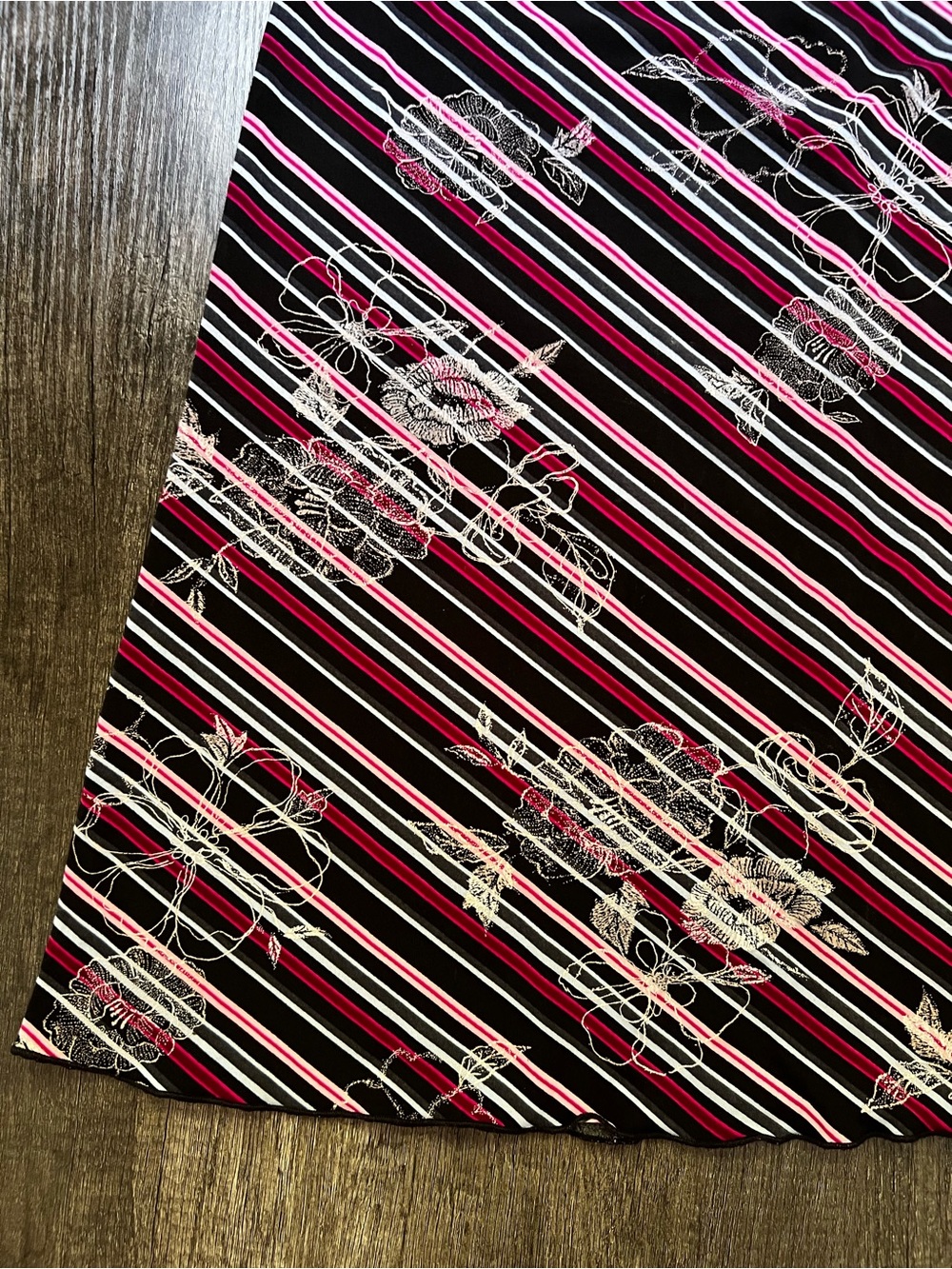 Wrapper Black and Pink Striped A-Line Skirt with White Floral Accents - Picture 2 of 4